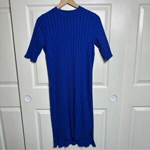 Eileen Fisher Medium Shift Dress Womens Blue Ribbed Stretch Tee Midi Office Work